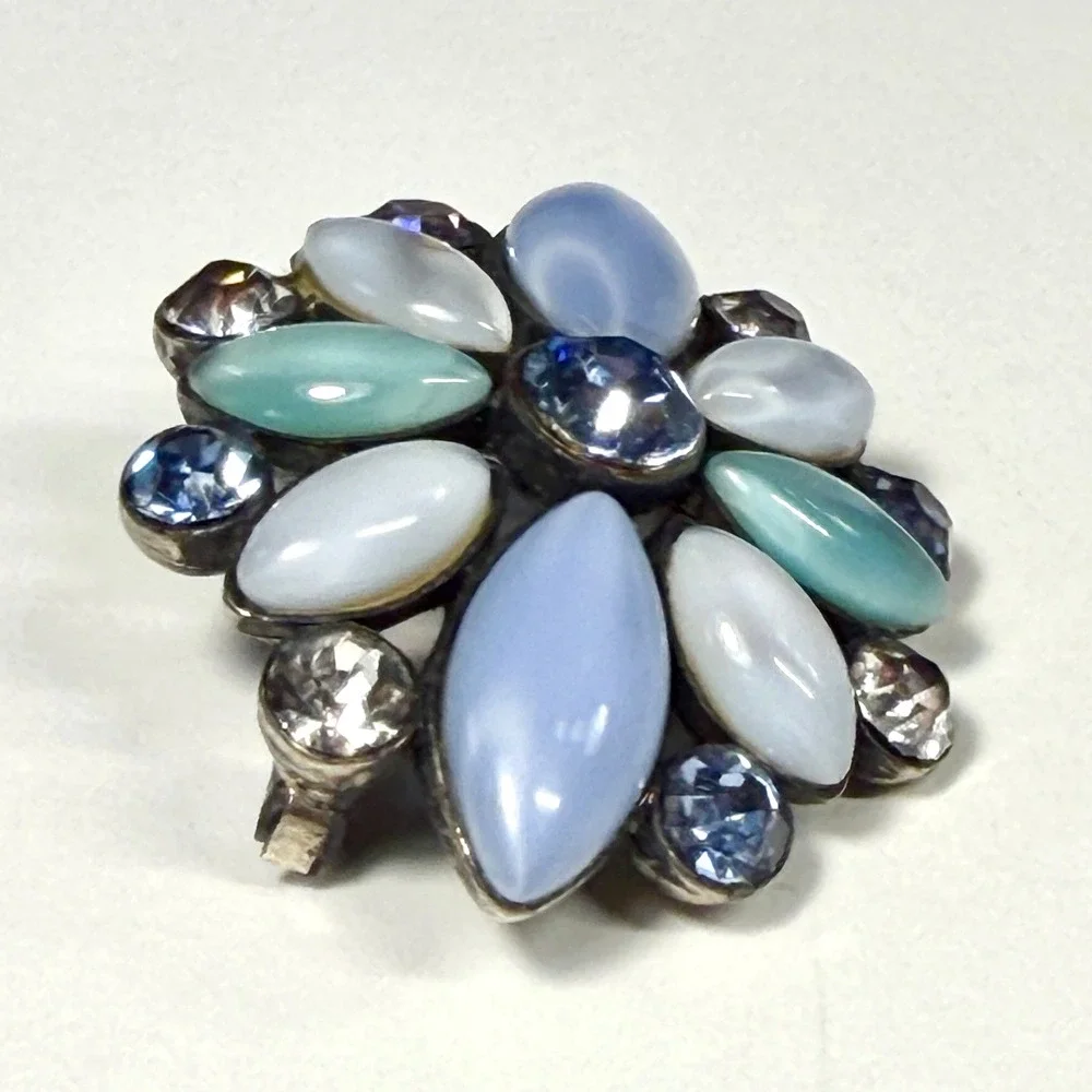 Vintage 80s Liz Claiborne Floral Brooch Blue Mint Milk Glass Rhinestone Cluster